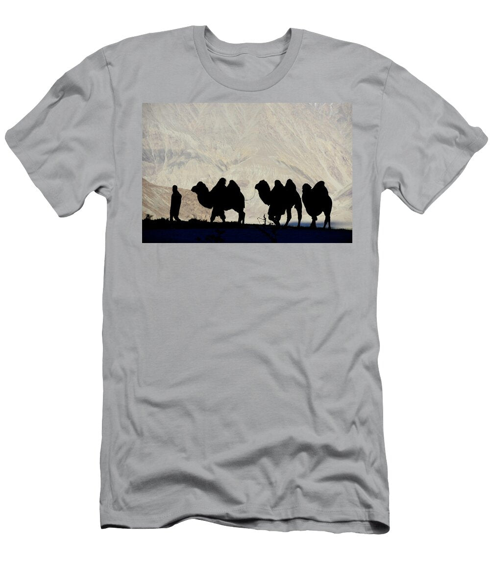 1 Man Leading Bactrian Camels in Sand Dunes Nubra Valley Enrique Lopez Tapia Natureplcom T-Shirt