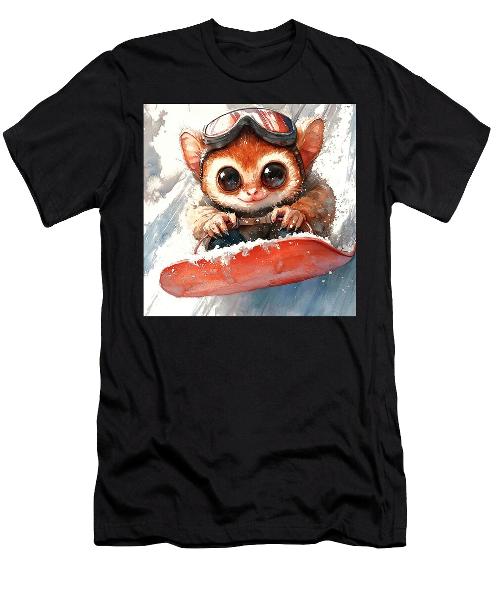 Cute Lemur Snowboarding in Winter Wonderland Rhys Jacobson T-Shirt