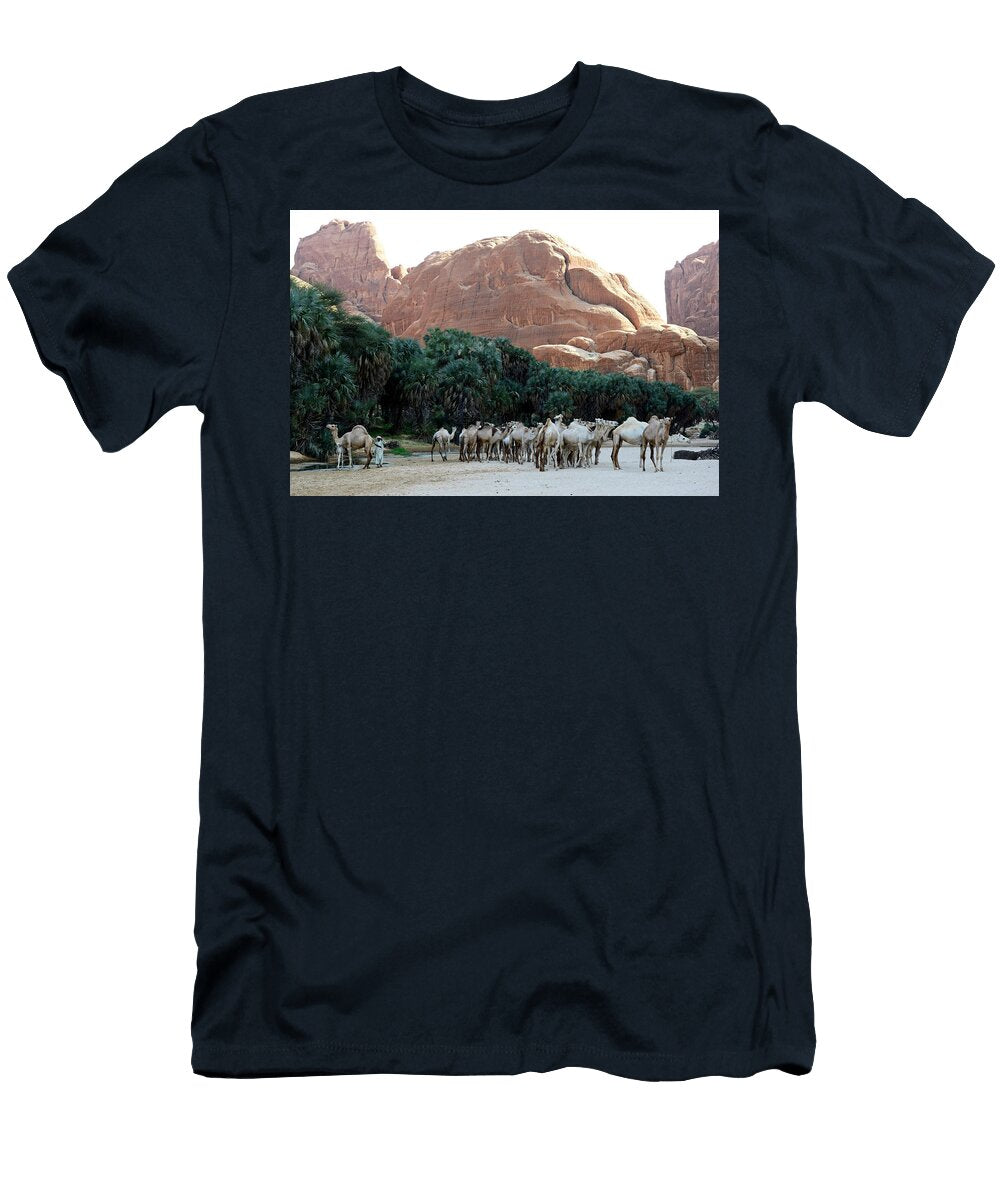 Dromedary Camels in a Gorge with Water and Trees on the Enrique Lopez Tapia Natureplcom T-Shirt