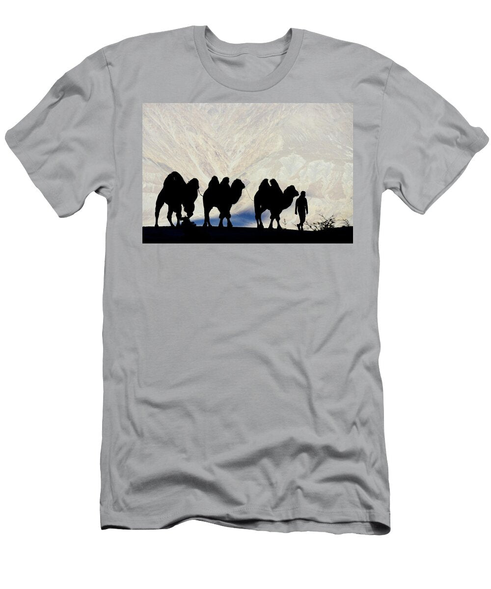 Man Leading Bactrian Camels in Sand Dunes Nubra Valley Enrique Lopez Tapia Natureplcom T-Shirt